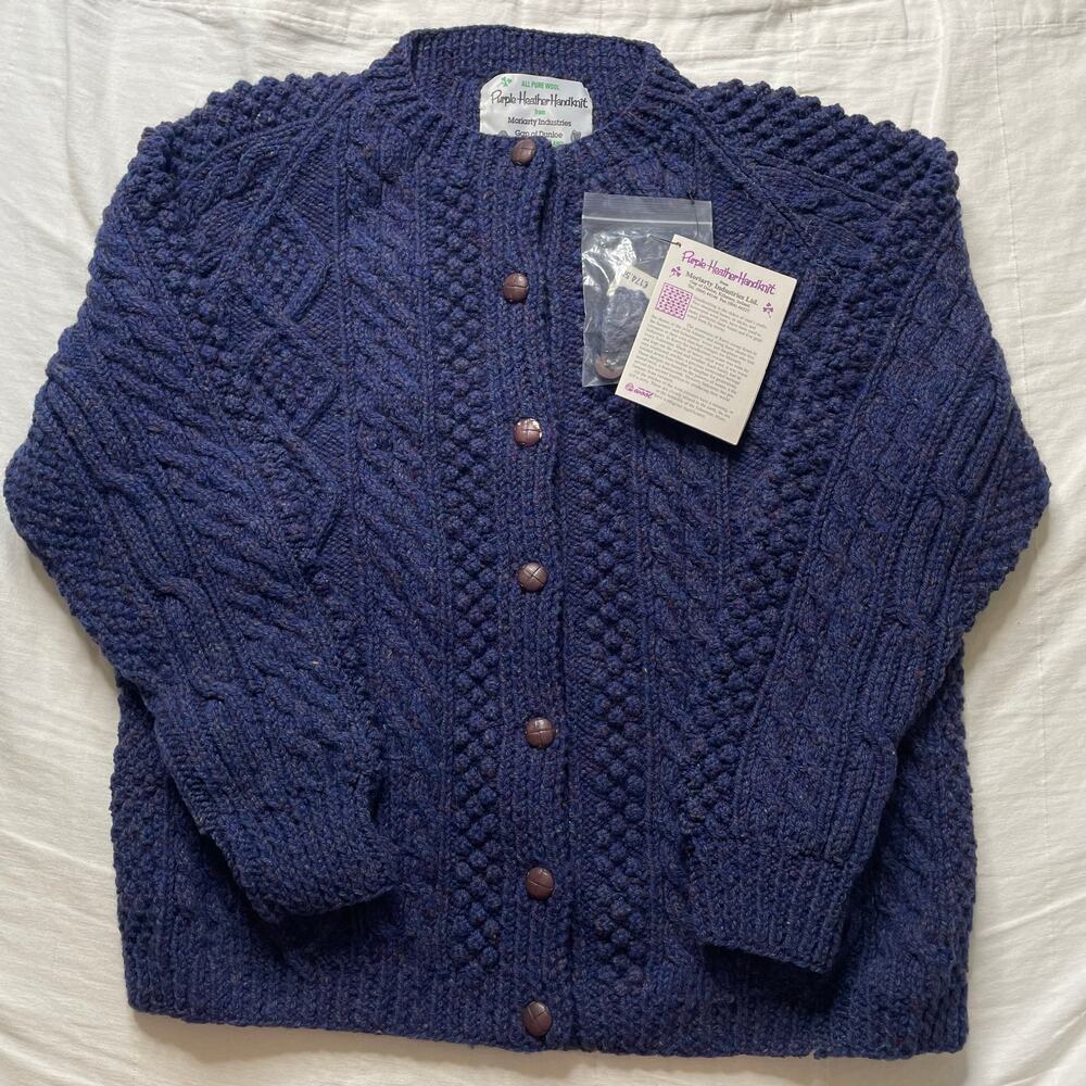 NWT Purple Heather Handknit Blue Fisherman Cable Knit Irish Wool Cardigan Sz 44 - Picture 1 of 6